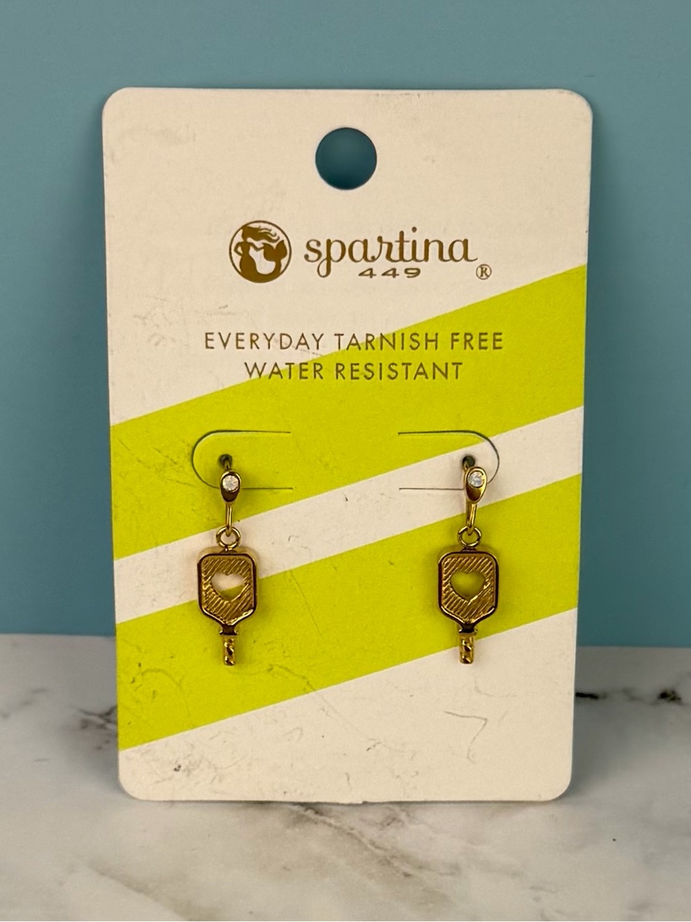 NWT Spartina 449 14K Gold Plated Pickleball Paddle Dangle Earrings, Tarnish Free